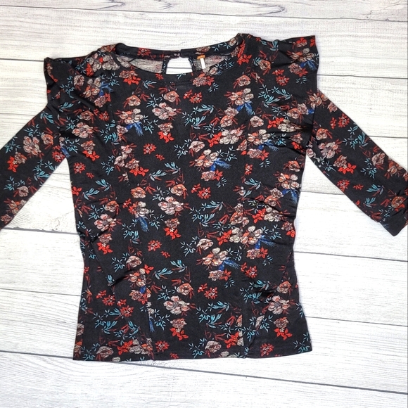 Free People Blouse Black Floral Dock Street Comb Ruffle Women's Small Shirt Top - Picture 8 of 13